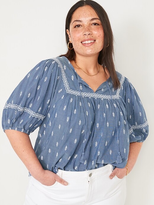 Image number 7 showing, Puff-Sleeved Embroidered Poet Swing Blouse for Women