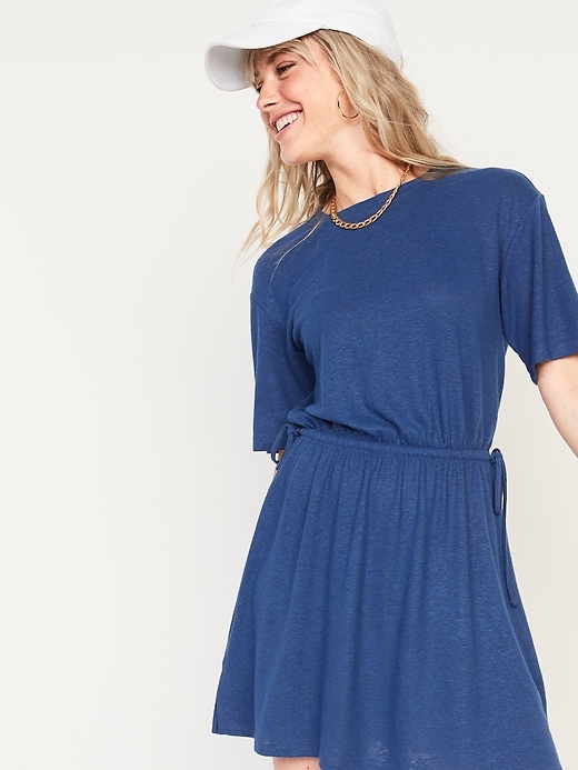 Image number 3 showing, Waist-Defined Short-Sleeve Linen-Blend Mini Dress for Women