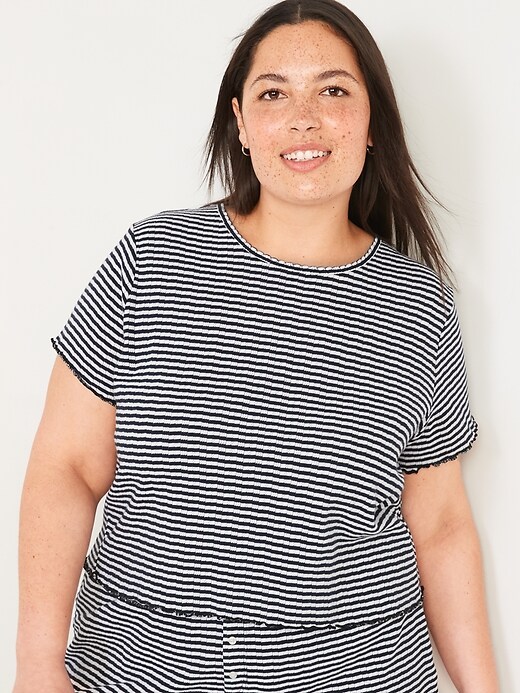 Image number 7 showing, Short-Sleeve Striped Lettuce-Edge Pointelle-Knit Pajama T-Shirt for Women