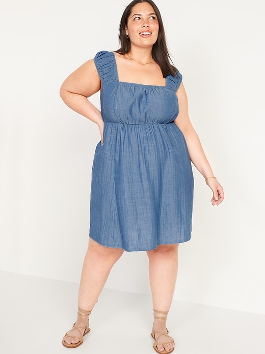 Image number 7 showing, Cap-Sleeve Chambray Cutout Bow-Detailed Mini Swing Dress for Women