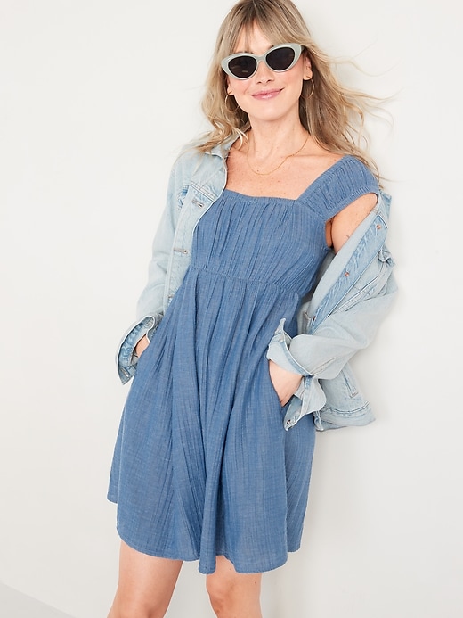 Image number 3 showing, Cap-Sleeve Chambray Cutout Bow-Detailed Mini Swing Dress for Women
