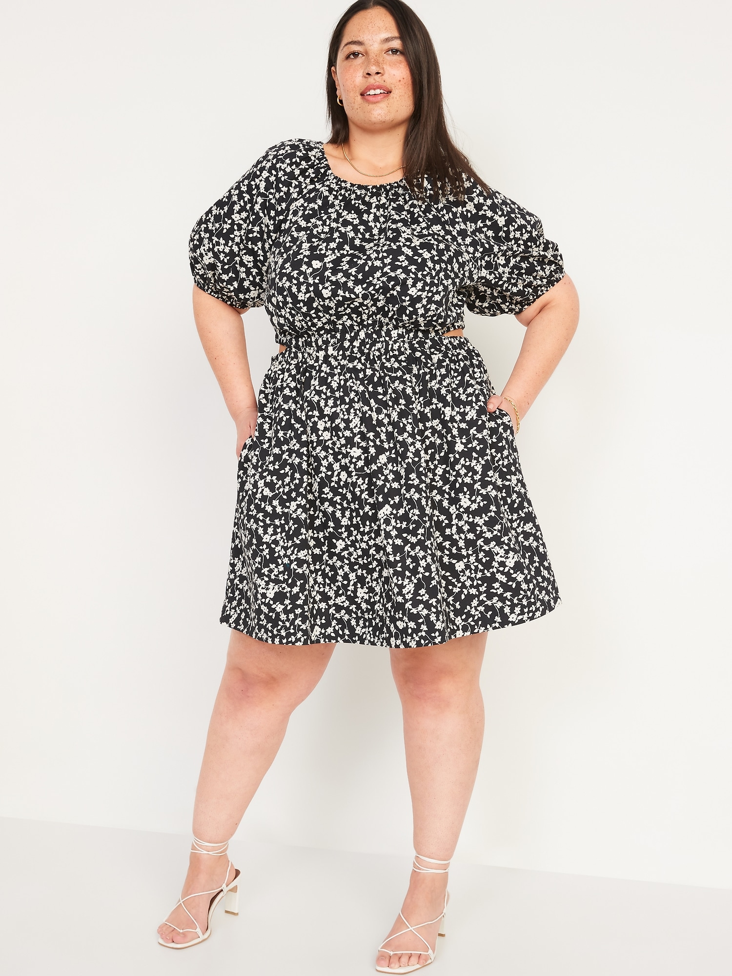 Waist-Defined Puff-Sleeve Cotton-Poplin Side-Cutout Mini Dress for ...
