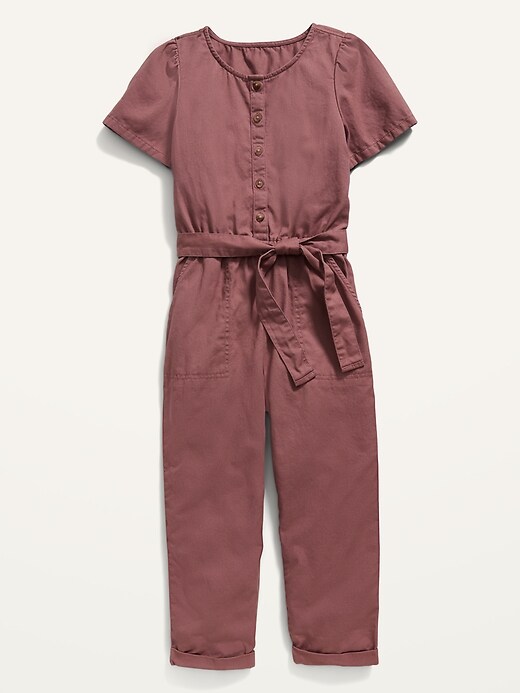 View large product image 1 of 3. Twill Tie-Belt Utility Jumpsuit for Girls