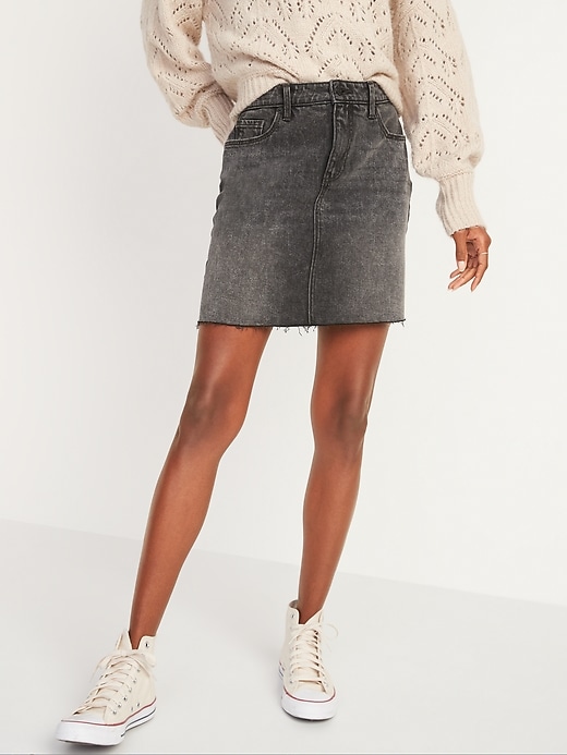 Image number 1 showing, High-Waisted Black Frayed-Hem Jean Mini Skirt for Women