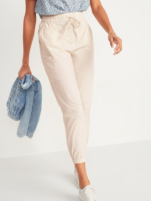 Image number 1 showing, High-Waisted Poplin Tapered Jogger Cargo Pants for Women