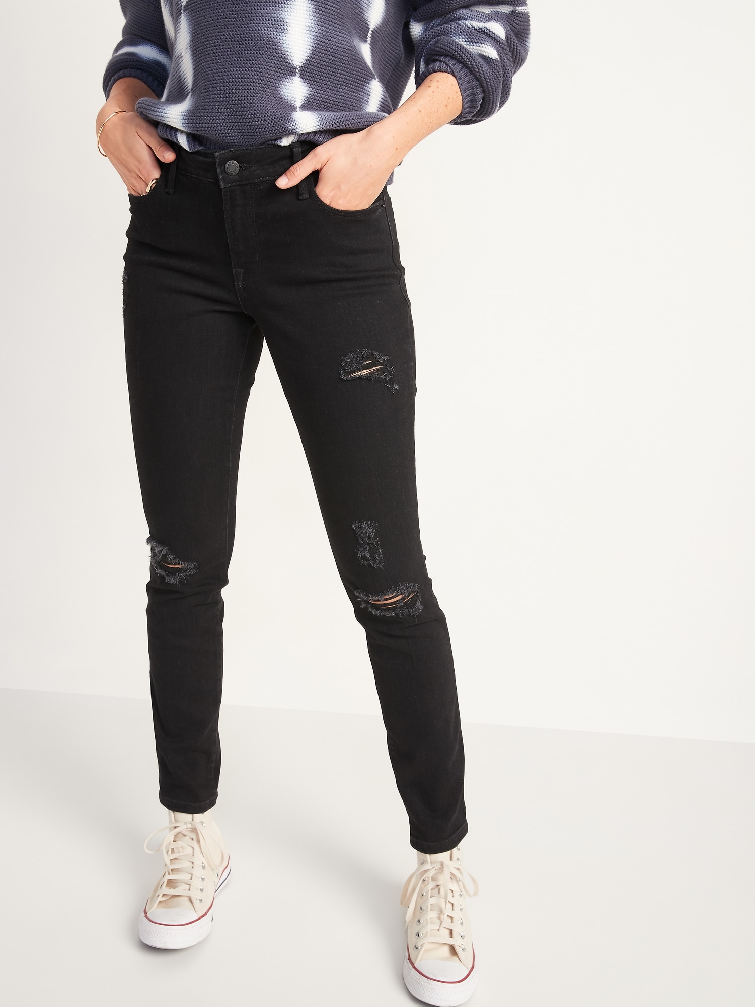 Mid Rise Pop Icon Black Wash Ripped Skinny Jeans For Women Old Navy
