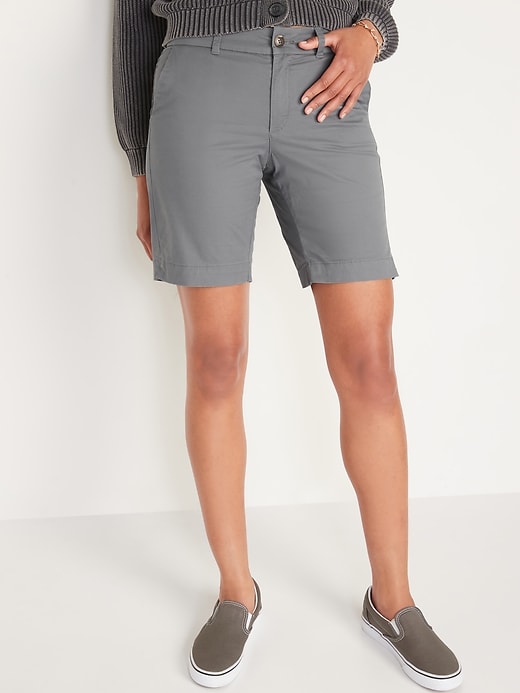 Image number 1 showing, Mid-Rise Twill Everyday Bermuda Shorts for Women - 9-inch inseam