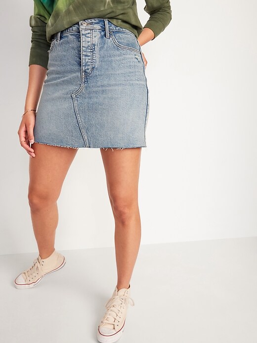 Image number 1 showing, High-Waisted Button-Fly Ripped Cut-Off Jean Skirt for Women