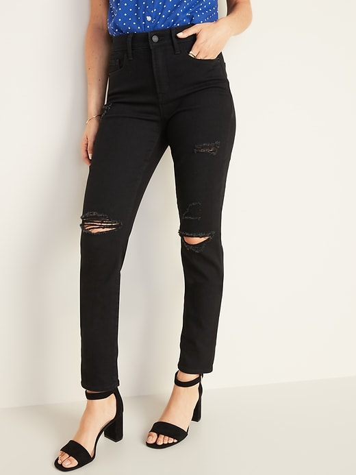 Image number 1 showing, High-Waisted Distressed Power Slim Straight Black Jeans For Women