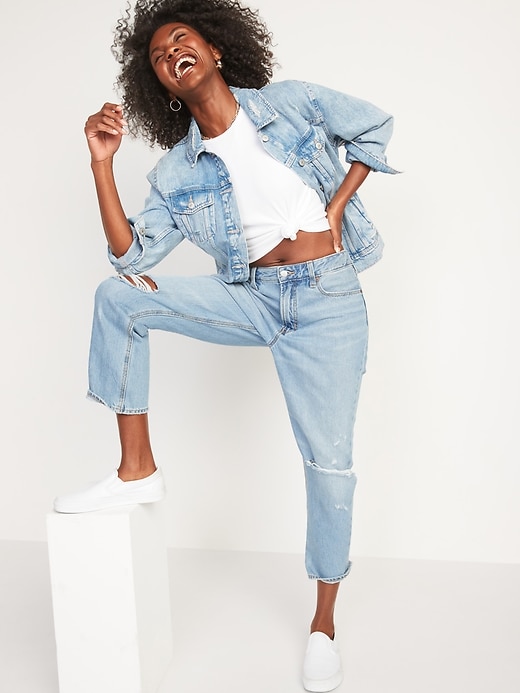Image number 1 showing, High-Waisted Slouchy Straight Cropped Ripped Jeans