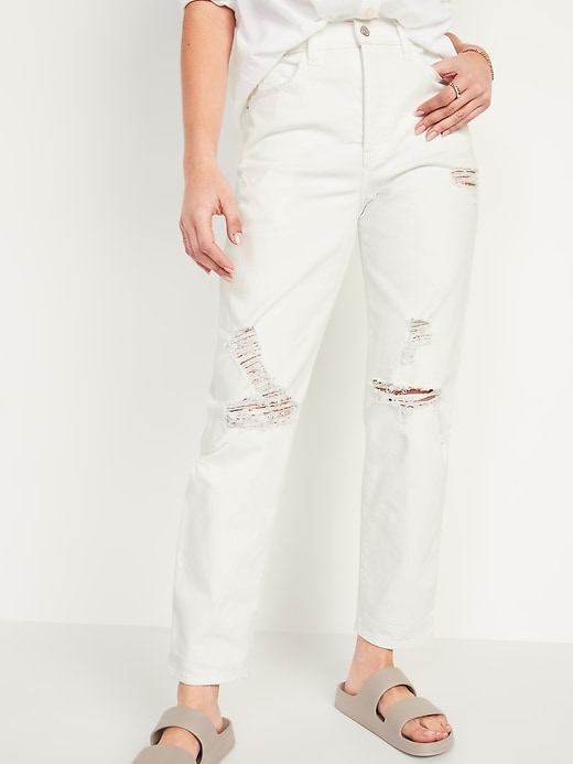 Image number 1 showing, Extra High-Waisted Sky-Hi Straight Button-Fly Ripped White Jeans
