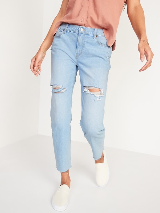 Image number 1 showing, Mid-Rise Boyfriend Straight Ripped Jeans for Women
