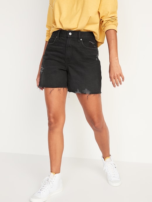 Image number 1 showing, High-Waisted Slouchy Straight Cut-Off Black Jean Shorts for Women -- 5-inch inseam