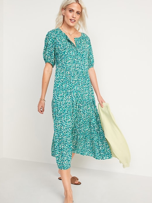 Image number 1 showing, Floral Puff-Sleeve Button-Front Midi Swing Dress