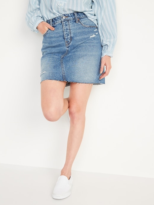 Image number 1 showing, High-Waisted Button-Fly O.G.Straight Raw-Hem Jean Skirt