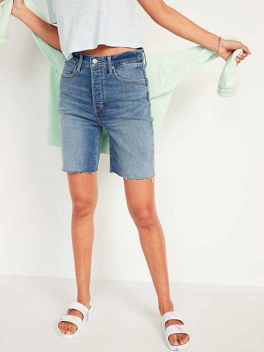 Image number 1 showing, Extra High-Waisted Sky-Hi Button-Fly Cut-Off Jean Shorts -- 7-inch inseam