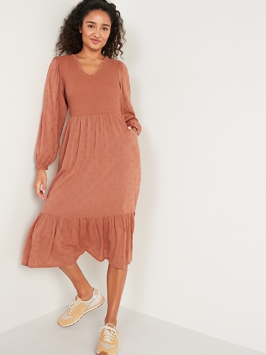 Oldnavy Long-Sleeve Fit & Flare Smocked Clip-Dot Midi Dress for Women