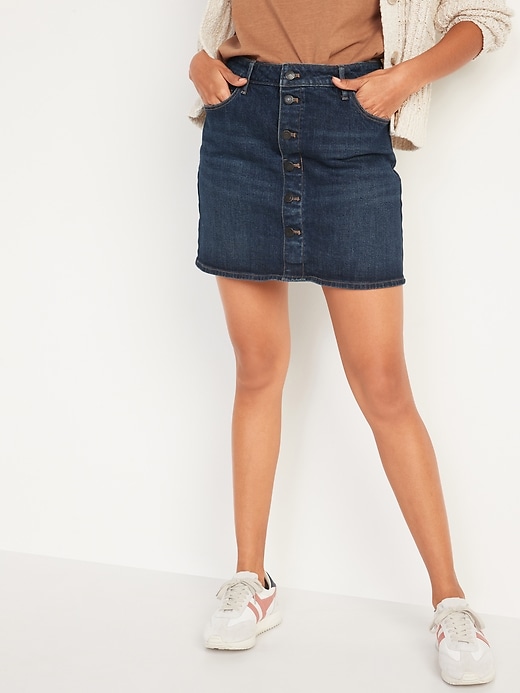 Image number 1 showing, High-Waisted Button-Front Mini Jean Skirt for Women