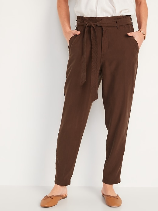 Image number 1 showing, High-Waisted Cropped Belted Straight-Leg Pants for Women
