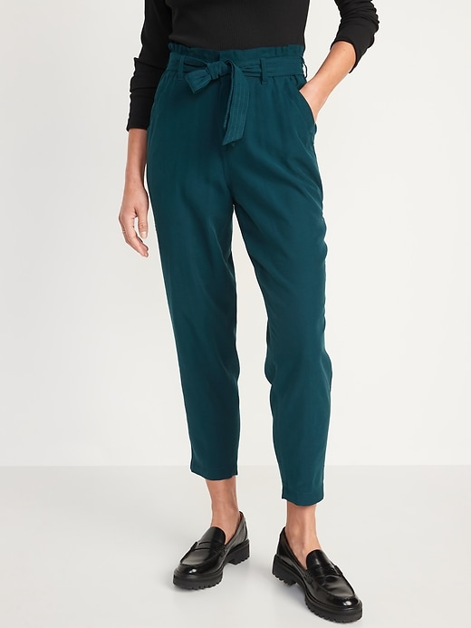 Image number 1 showing, High-Waisted Cropped Belted Straight-Leg Pants