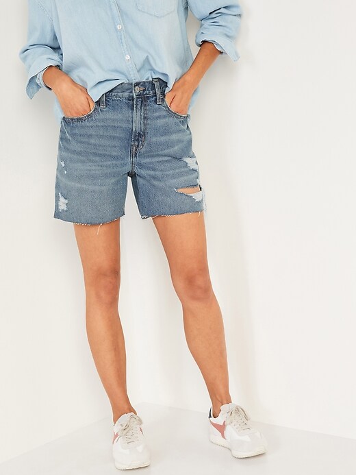 Image number 1 showing, High-Waisted Slouchy Straight Ripped Cut-Off Jean Shorts for Women-- 5-inch inseam