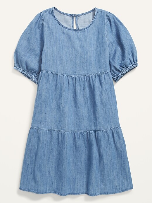 View large product image 1 of 3. Tiered Puff-Sleeve Jean Dress for Girls