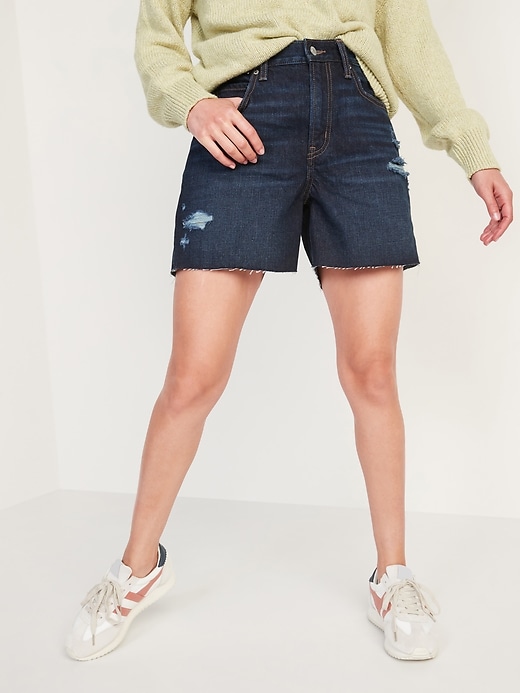 Image number 1 showing, High-Waisted Slouchy Straight Ripped Cut-Off Jean Shorts -- 5-inch inseam