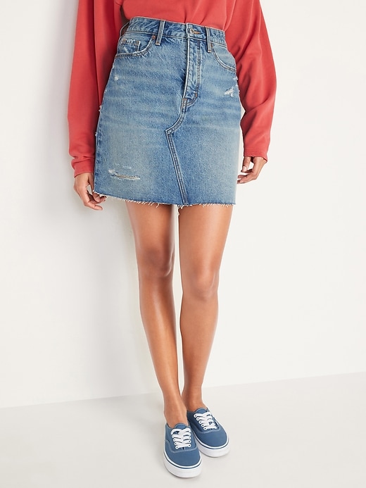 Image number 1 showing, Higher High-Waisted Button-Fly O.G. Straight Mini Jean Skirt for Women