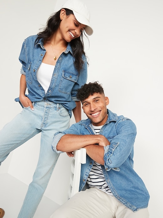 Image number 1 showing, Gender-Neutral Long-Sleeve Jean Workwear Shirt for Adults