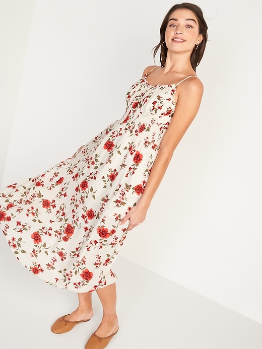 Image number 1 showing, Sleeveless Fit & Flare Smocked Floral-Print Midi Cami Dress
