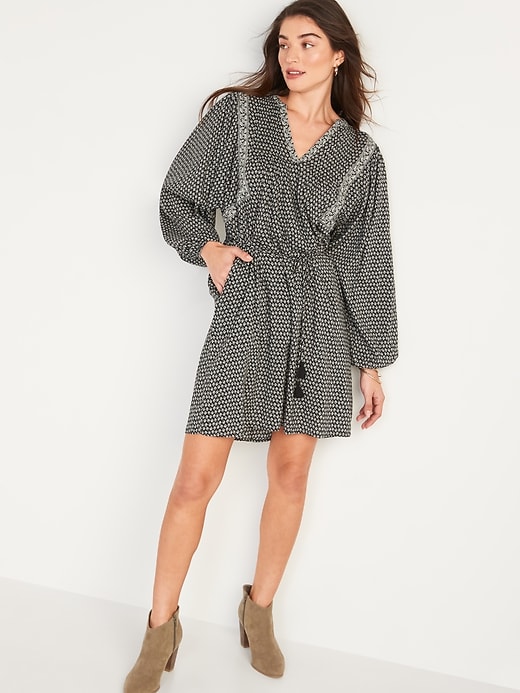 Image number 1 showing, Oversized Long-Sleeve Printed Mini Swing Dress for Women