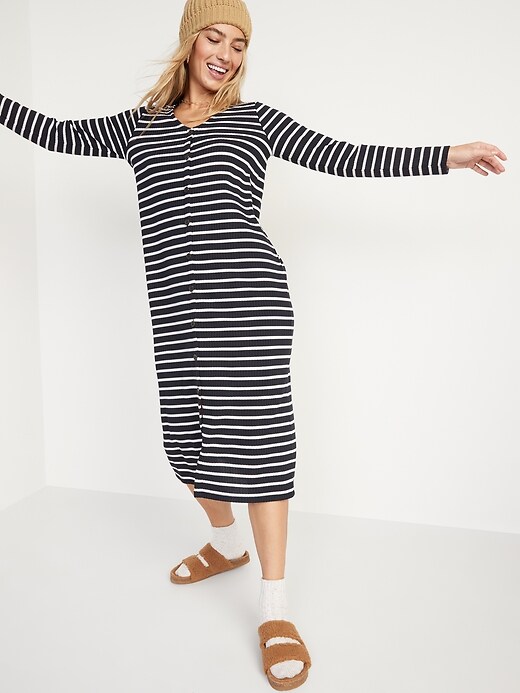 Image number 1 showing, Striped Rib-Knit Cardigan Sweater Midi Dress for Women