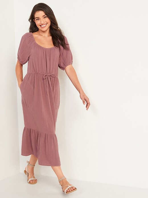 Image number 1 showing, Puff-Sleeve Scoop-Neck Waist-Defined Midi Dress for Women