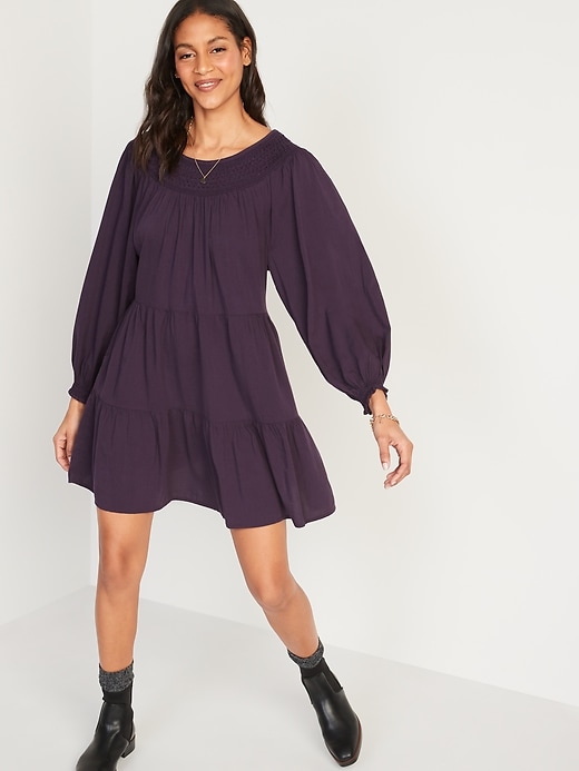 Image number 1 showing, Long-Sleeve Tiered Smocked Embroidered Mini Swing Dress