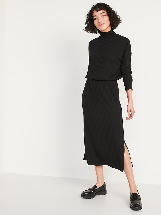 Oldnavy Waist-Defined Rib-Knit Turtleneck Long-Sleeve Midi Dress for Women