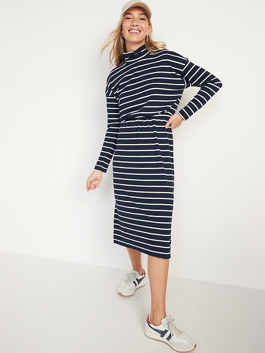 Image number 1 showing, Long-Sleeve Waist-Defined Rib-Knit Striped Midi Sweater Dress