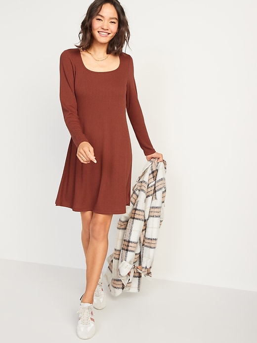 Image number 1 showing, Fit & Flare Rib-Knit Long-Sleeve Mini Dress