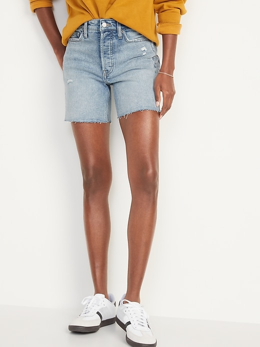Image number 1 showing, High-Waisted Button-Fly OG Straight Ripped Cut-Off Jean Shorts for Women -- 5-inch inseam