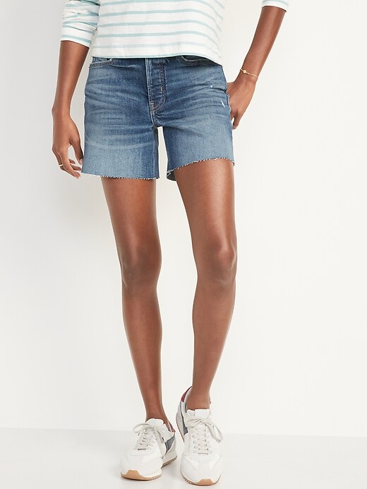 Image number 1 showing, High-Waisted Button-Fly O.G. Straight Cut-Off Jean Shorts for Women -- 5-inch inseam