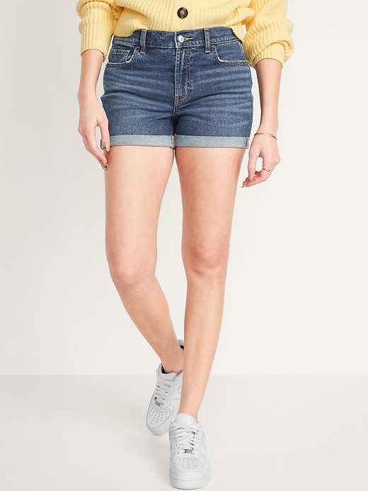 Image number 1 showing, Mid-Rise Jean Boyfriend Shorts for Women -- 3-inch inseam