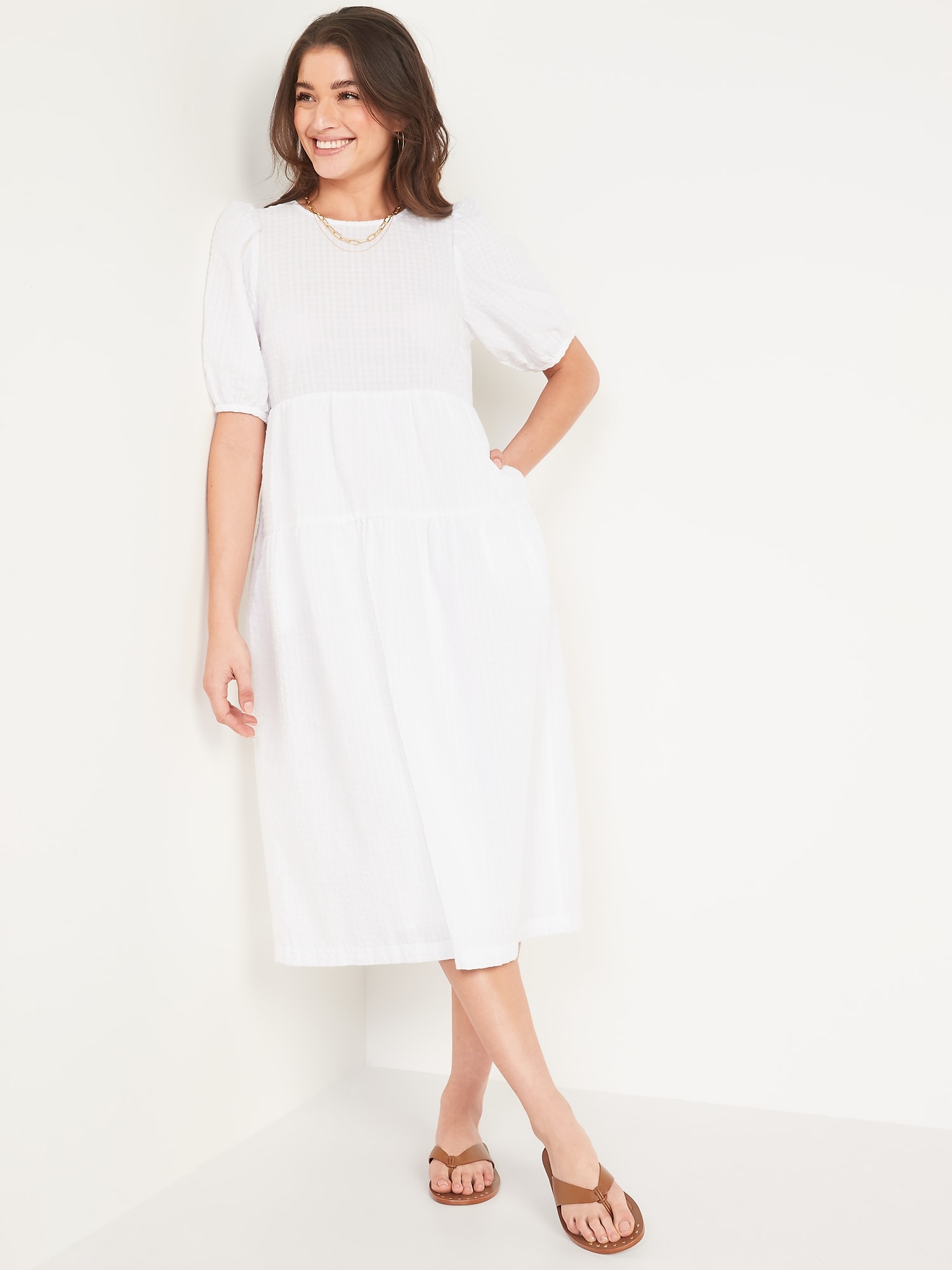 Oldnavy Tiered Puff-Sleeve All-Day Midi Swing Dress for Women