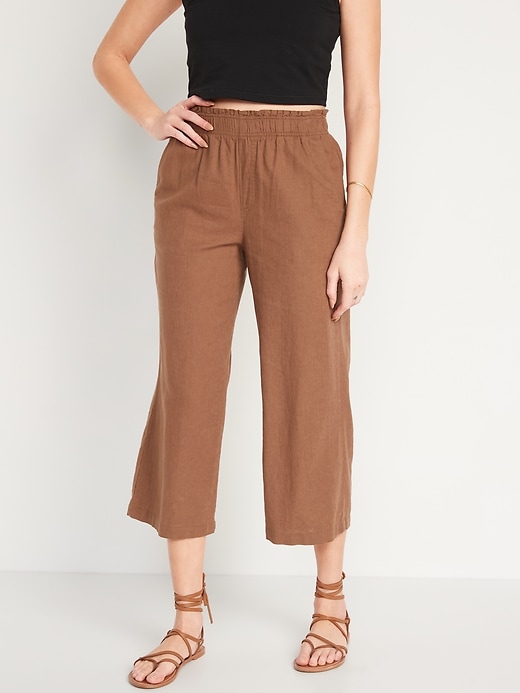 Image number 1 showing, High-Waisted Lettuce-Edge Linen-Blend Culotte Pants for Women