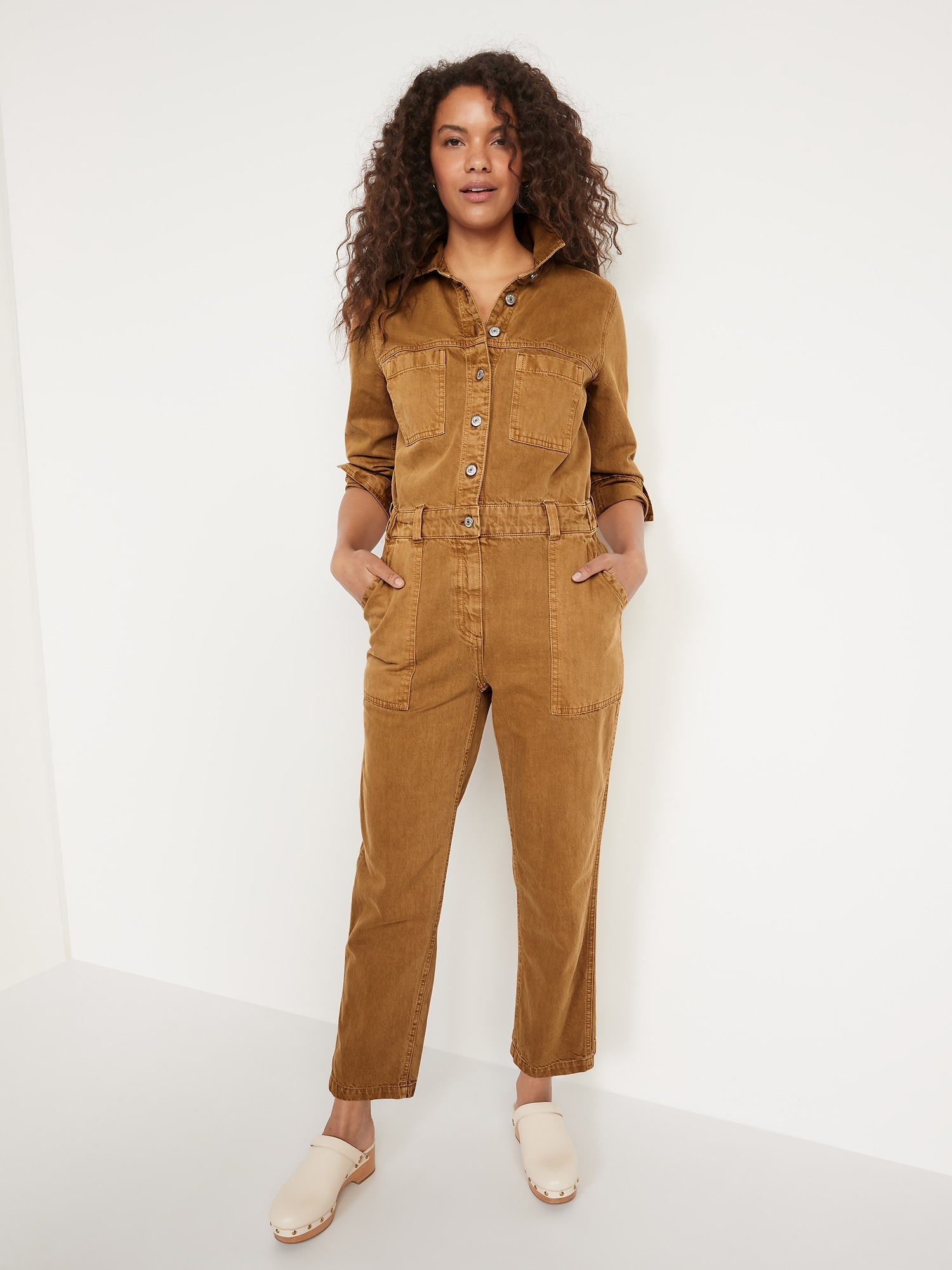 Long-Sleeve Cropped Jean Utility Jumpsuit for Women