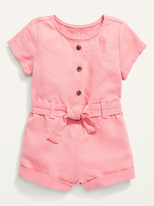 View large product image 1 of 1. Short-Sleeve Linen-Blend Utility Romper for Baby