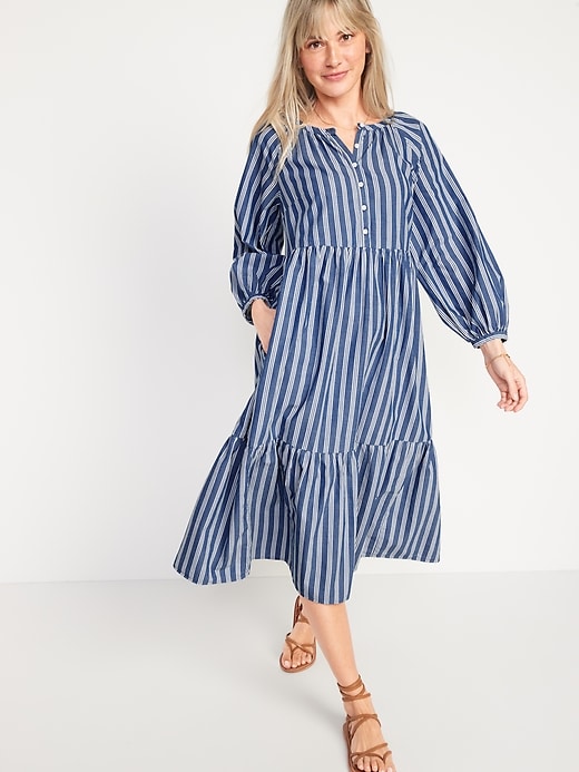 Image number 1 showing, Striped Button-Front All-Day Midi Swing Dress