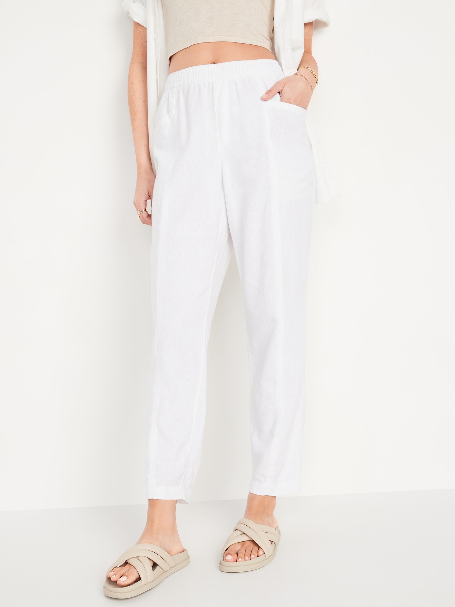 High-Waisted Cropped Linen-Blend Straight-Leg Pants for Women | Old Navy