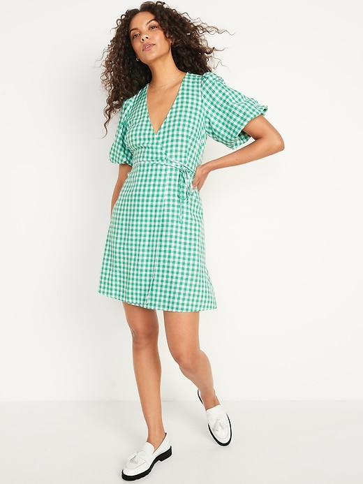 Image number 1 showing, Waist-Defined Puff-Sleeve Gingham Mini Wrap Dress