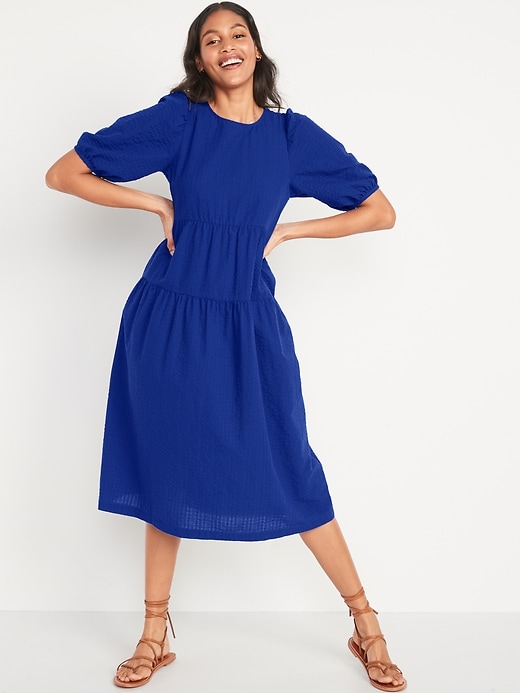 Image number 1 showing, Tiered Puff-Sleeve All-Day Midi Swing Dress for Women