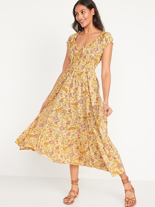 Image number 1 showing, Waist-Defined Short-Sleeve Printed Midi Dress for Women
