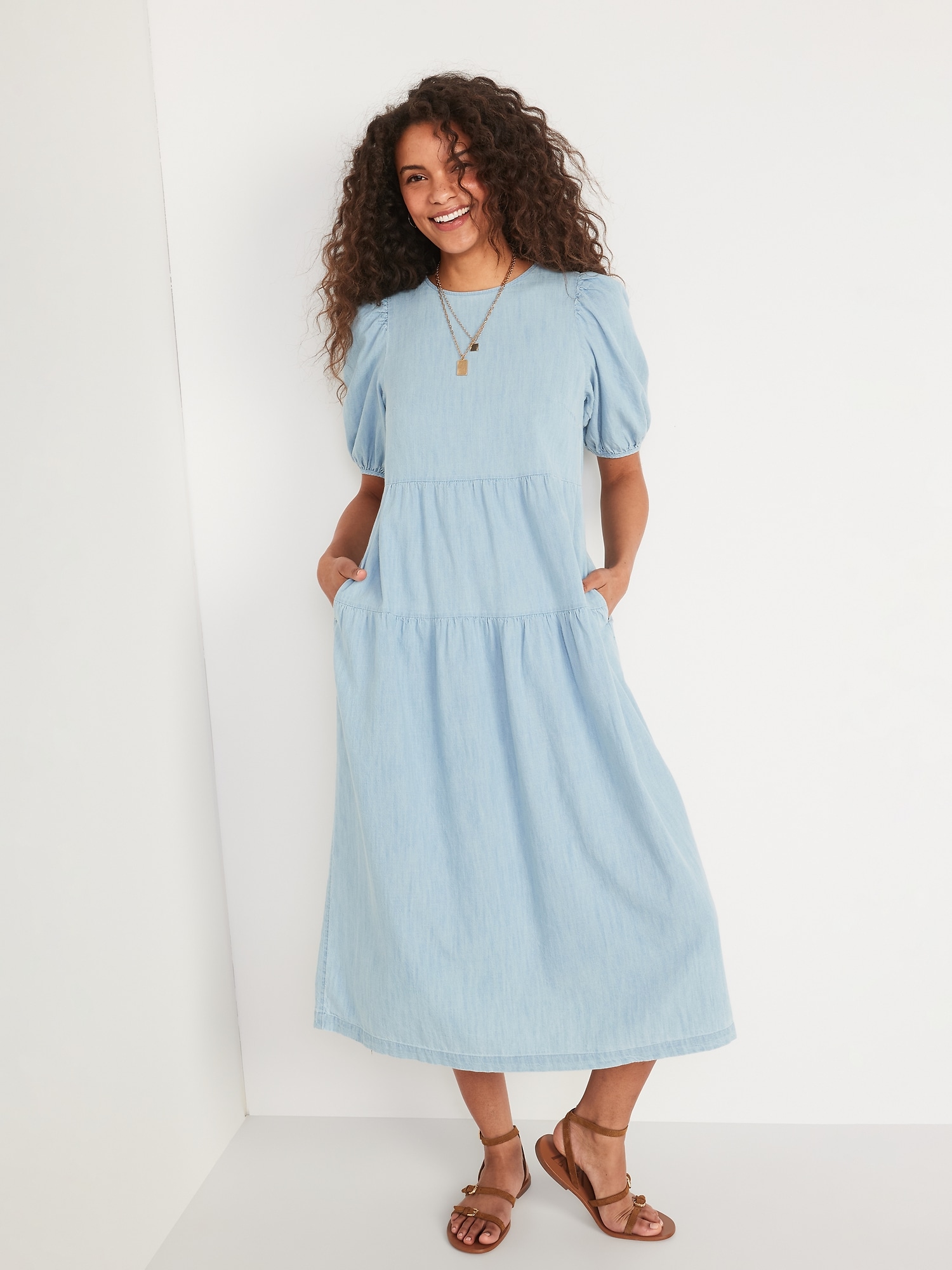 Oldnavy Tiered Chambray Puff-Sleeve All-Day Midi Swing Dress for Women